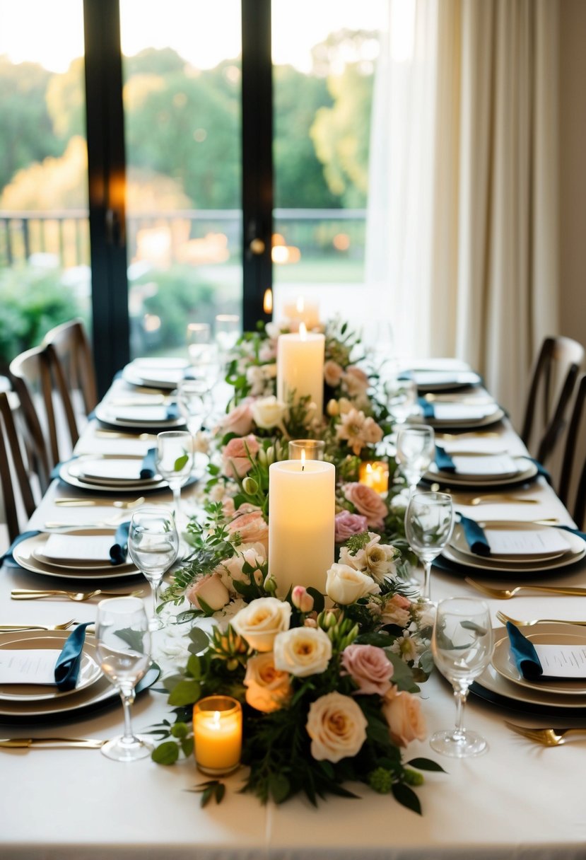 A table adorned with floral centerpieces, candles, and elegant place settings for an at-home wedding celebration