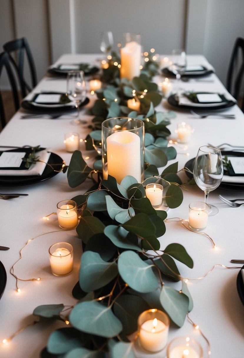 Eucalyptus garlands elegantly draped across a wedding table, intertwined with delicate fairy lights and scattered with tea light candles