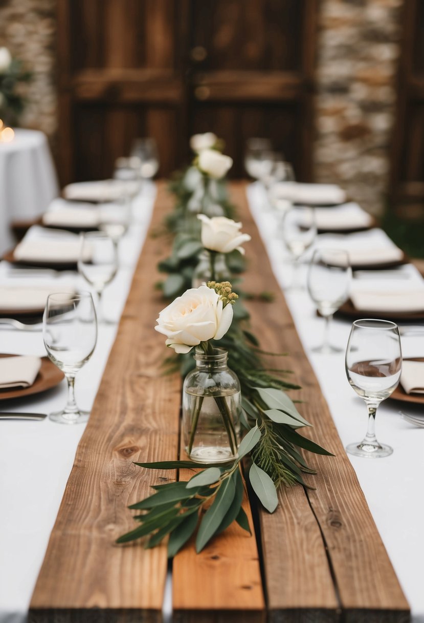 A rustic wooden table runner adorns a wedding reception table, adding natural charm to the decor