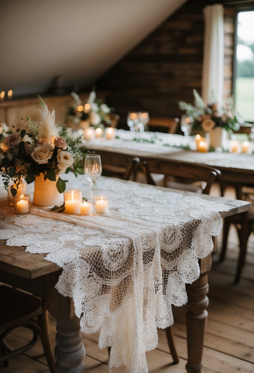 Antique lace tablecloths draped over rustic wooden tables at a cozy home wedding, adorned with delicate floral centerpieces and flickering candlelight