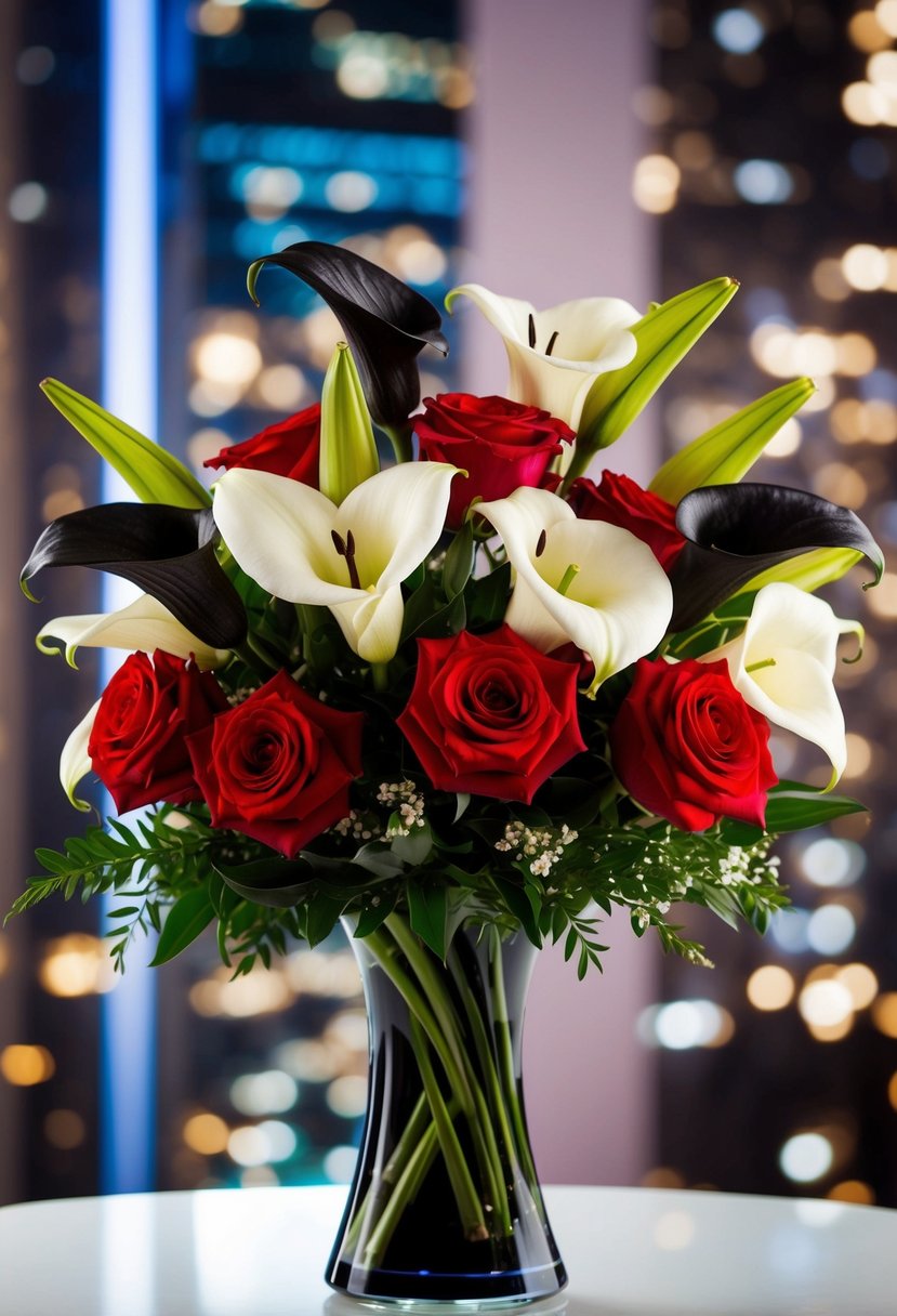 A vibrant bouquet of red roses, white lilies, and black calla lilies arranged in a sleek, modern vase with a backdrop of glittering city lights