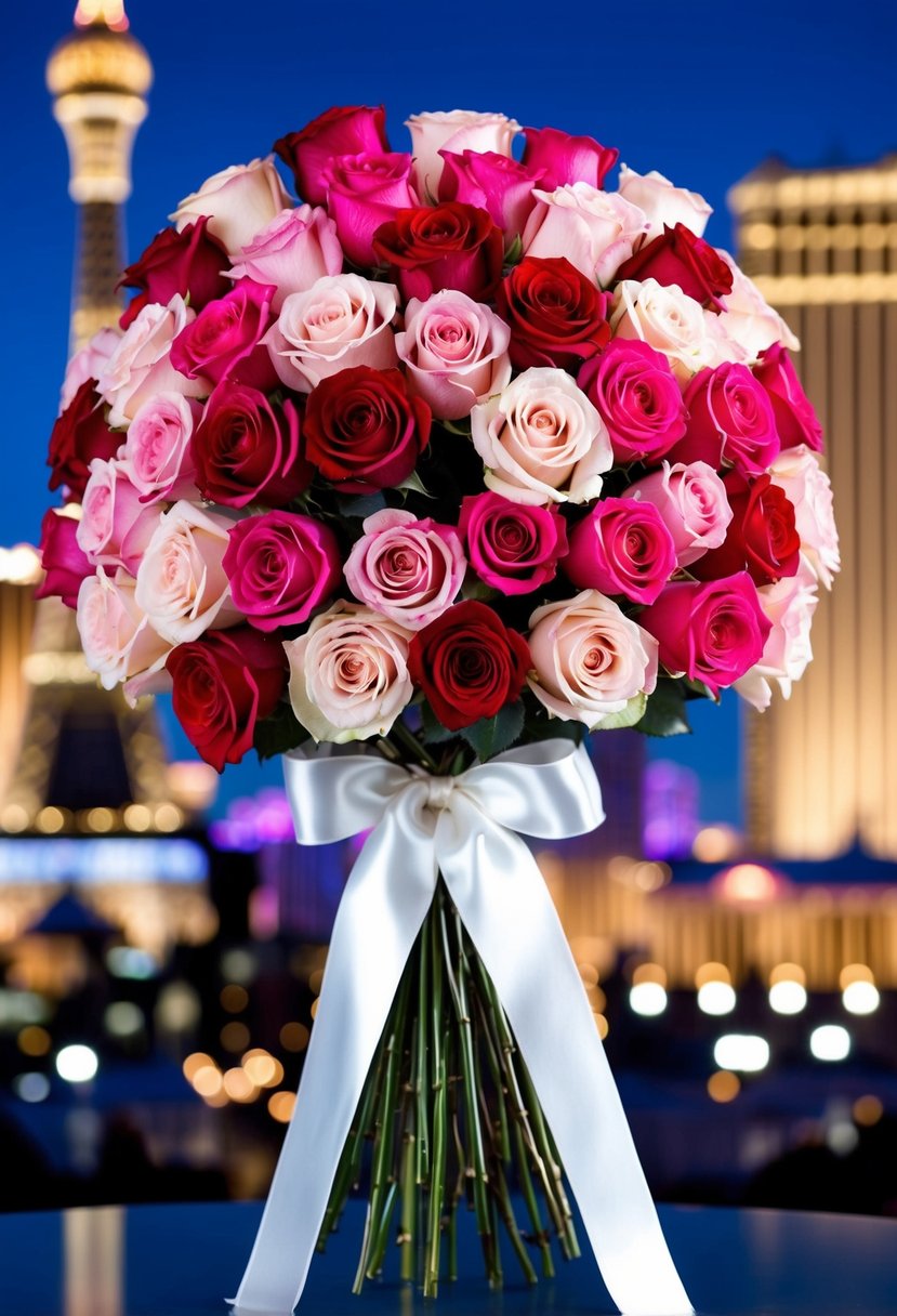 A cascading bouquet of classic roses in various shades of pink and red, tied with satin ribbon, set against a backdrop of the Las Vegas skyline