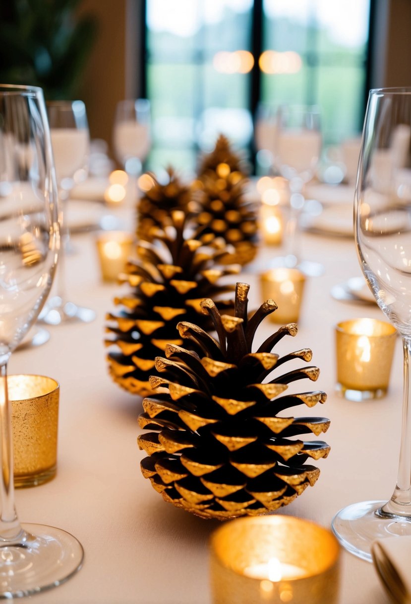 Gold-painted pinecones arranged on a wedding table with chic decor