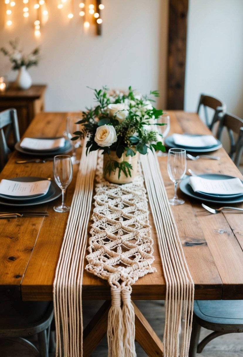 A boho macramé table runner adorns a rustic wooden table at a cozy home wedding