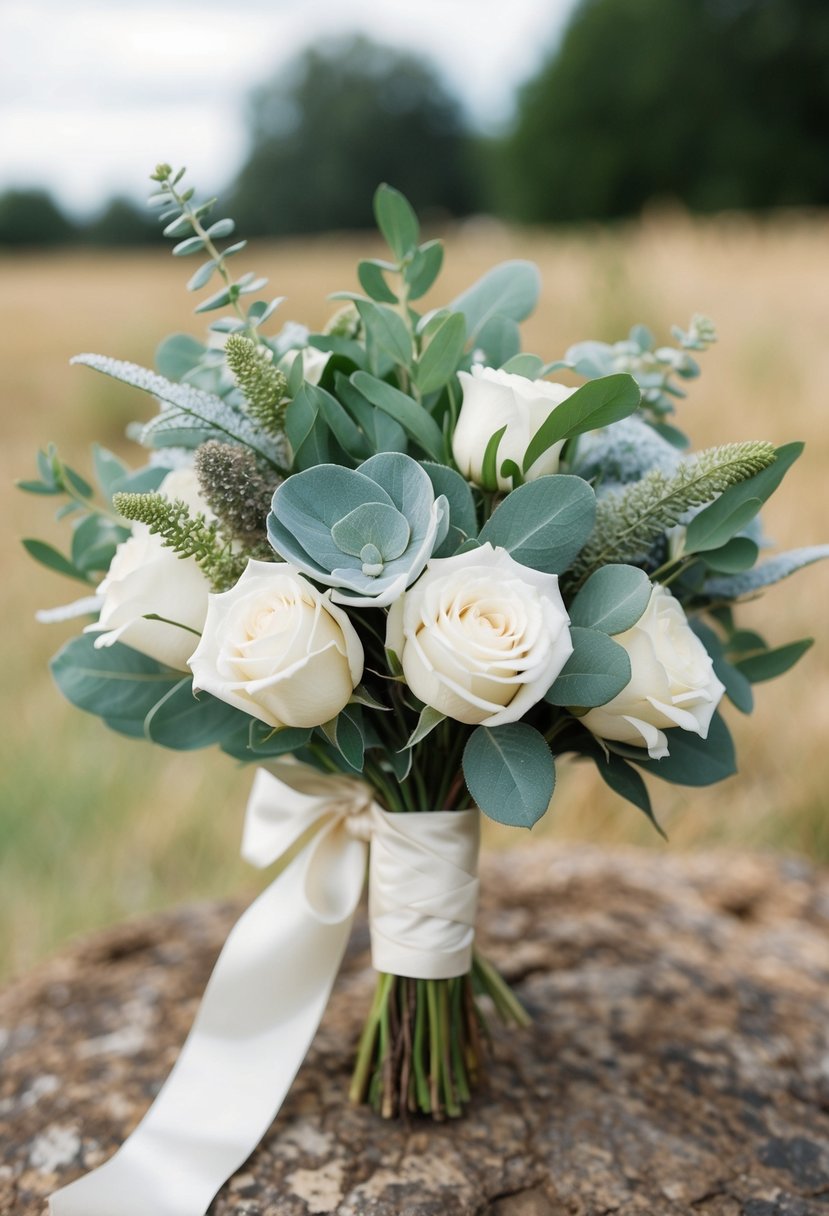 A rustic wedding bouquet of sage, eucalyptus, and white roses tied with ivory ribbon