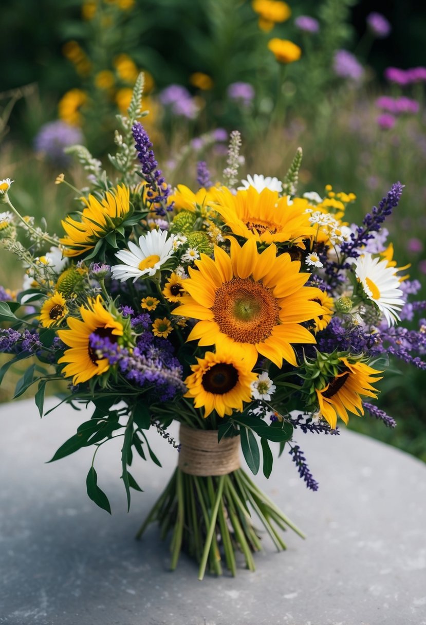 A vibrant mix of wildflowers, including daisies, sunflowers, and lavender, arranged in a loose, bohemian style bouquet