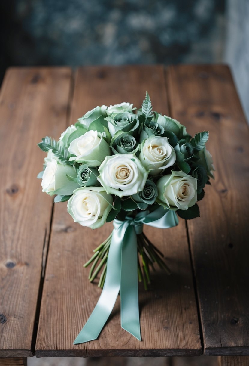 A bouquet of sage green and white roses, tied with a silk ribbon, sits on a rustic wooden table