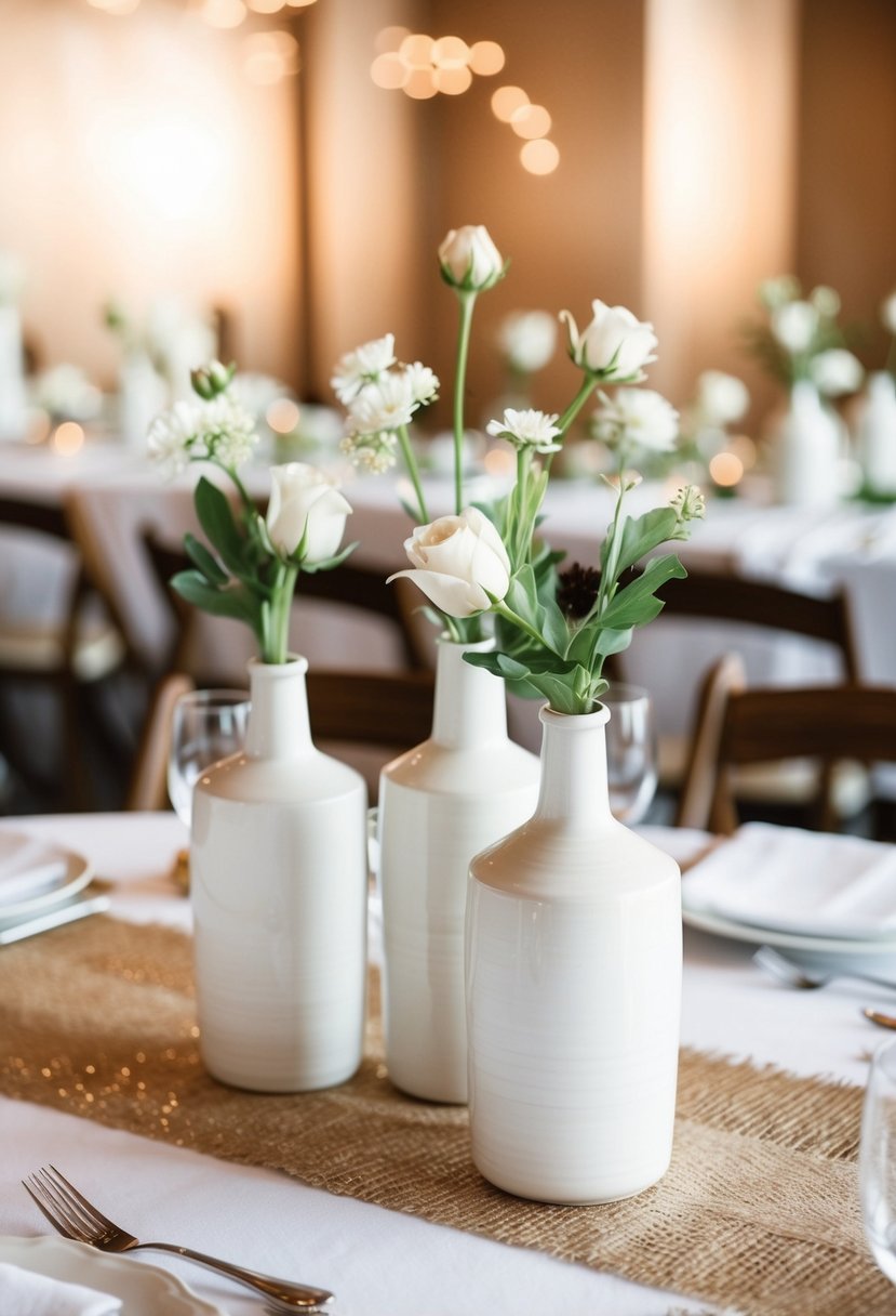 A table set with simple white ceramic vases as wedding decor