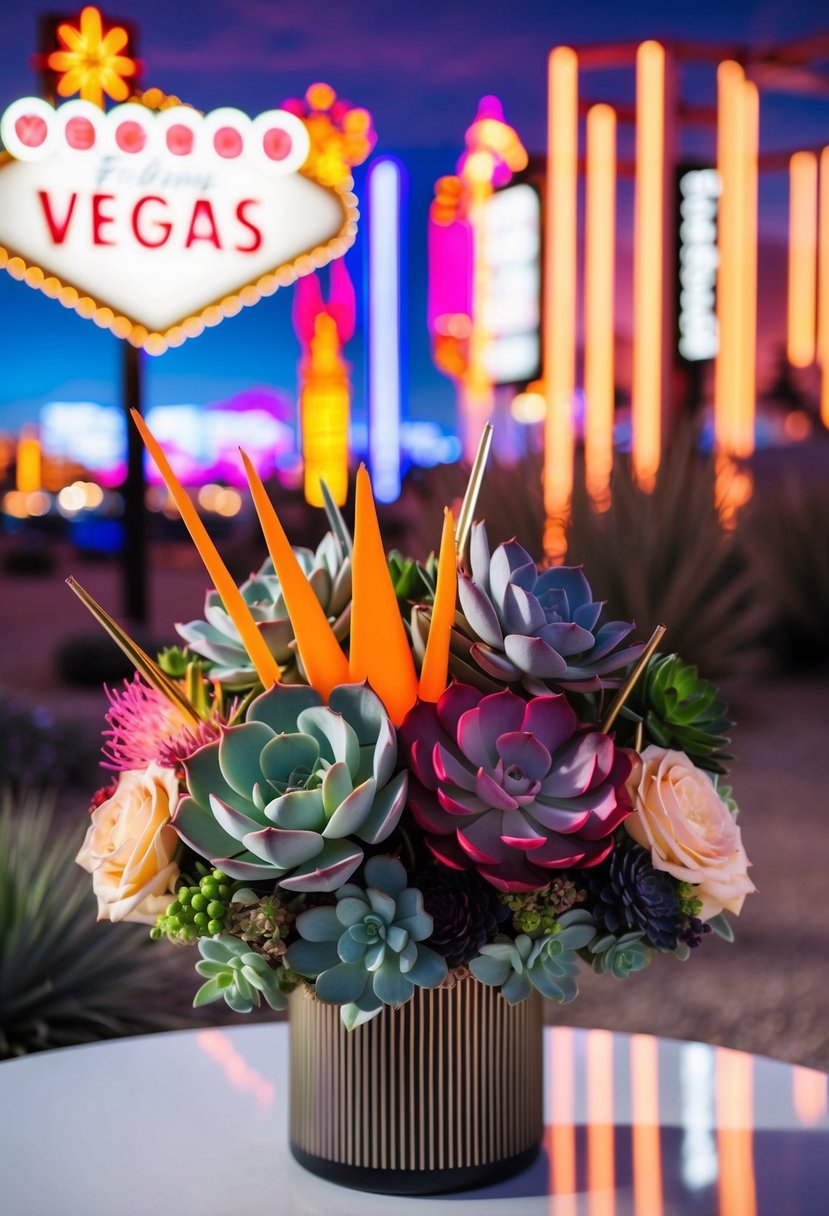 A modern succulent combo bouquet with Vegas-inspired elements, including vibrant colors and geometric shapes, set against a backdrop of neon lights and desert scenery