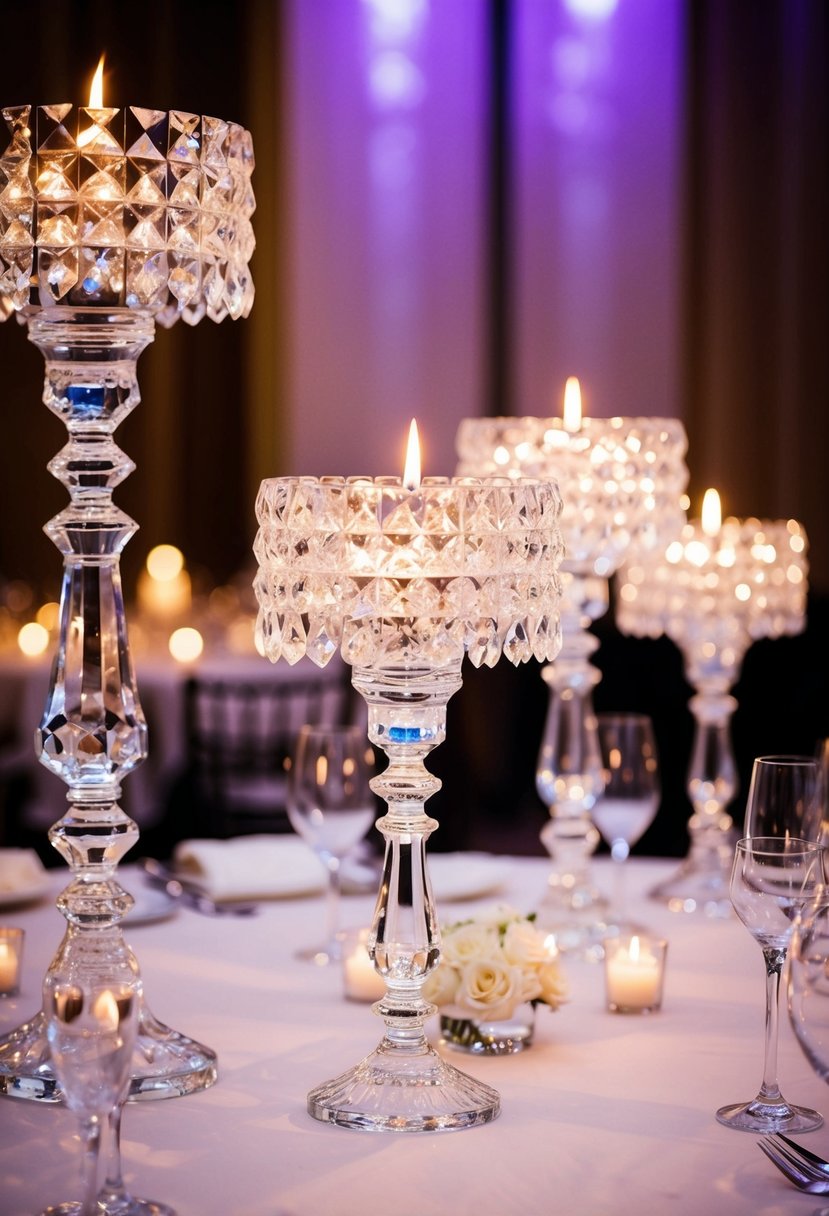 Glistening crystal candle holders adorn a lavish wedding table, casting a soft, enchanting glow