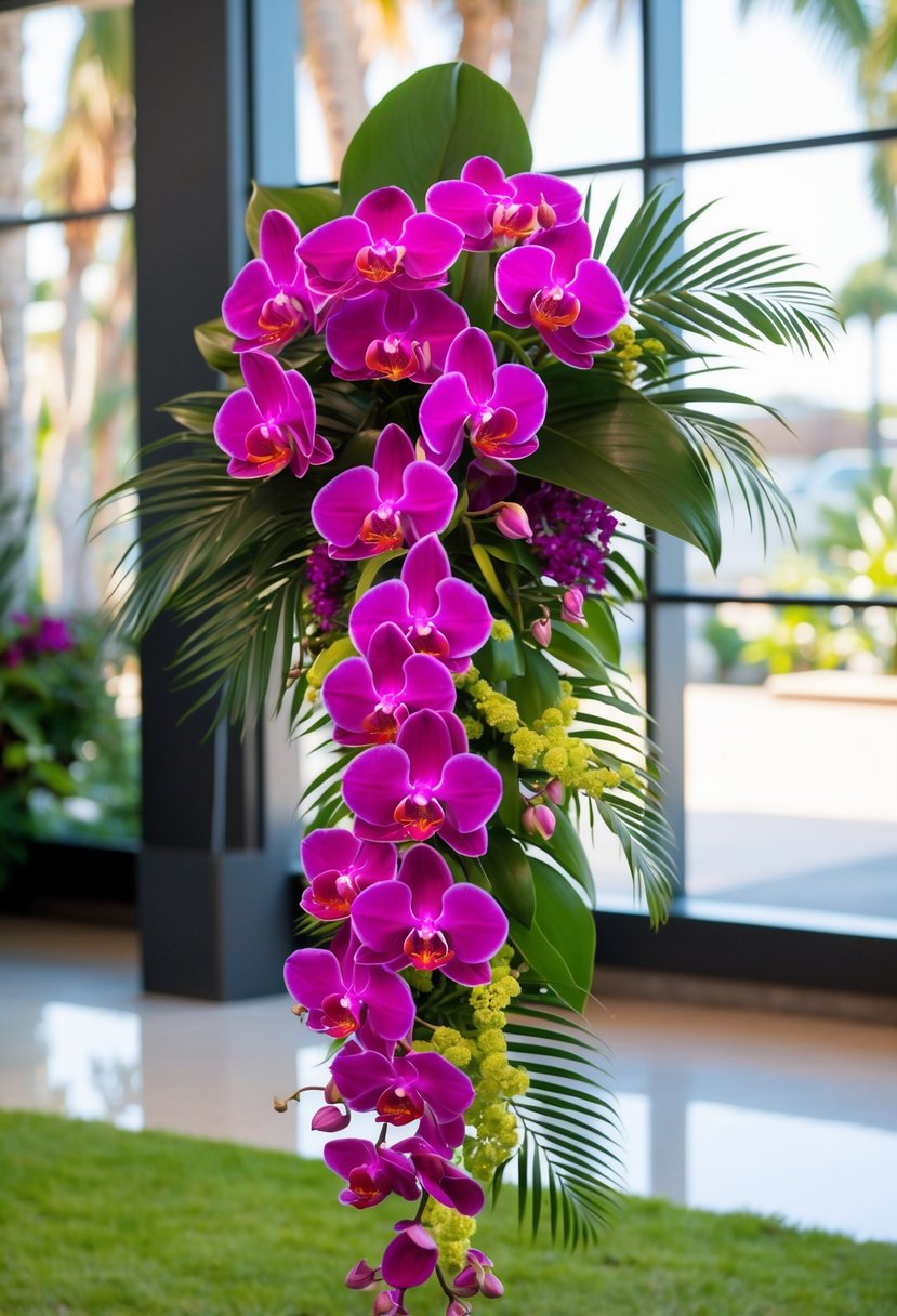 A vibrant tropical orchid ensemble arranged in a cascading bouquet with lush greenery and pops of fuchsia and purple