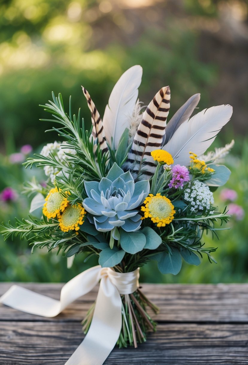 A bohemian chic bouquet featuring fragrant rosemary and sage, with wildflowers and feathers, tied with silk ribbon