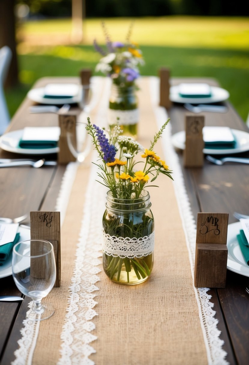 Burlap table runner adorned with lace, mason jar centerpieces with wildflowers, and rustic wooden place card holders on a decorated wedding table