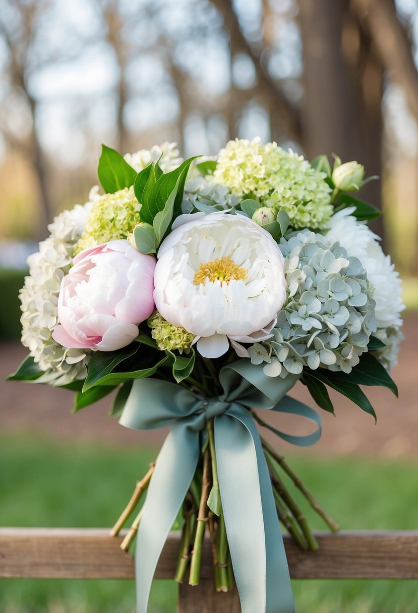 A lush bouquet of peonies and hydrangeas, tied with sage ribbon