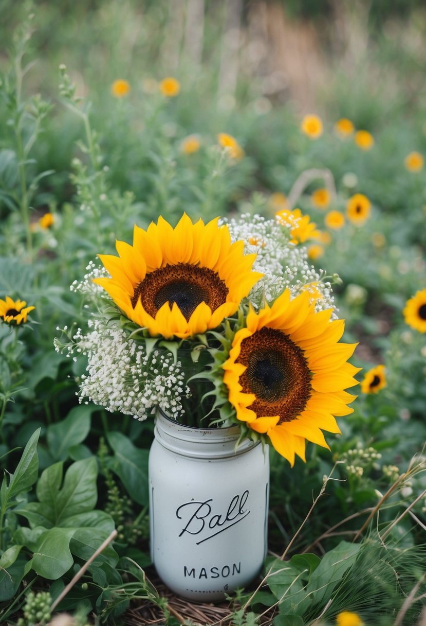 A rustic sunflower bunch in a mason jar, surrounded by wild greenery and small pops of baby's breath