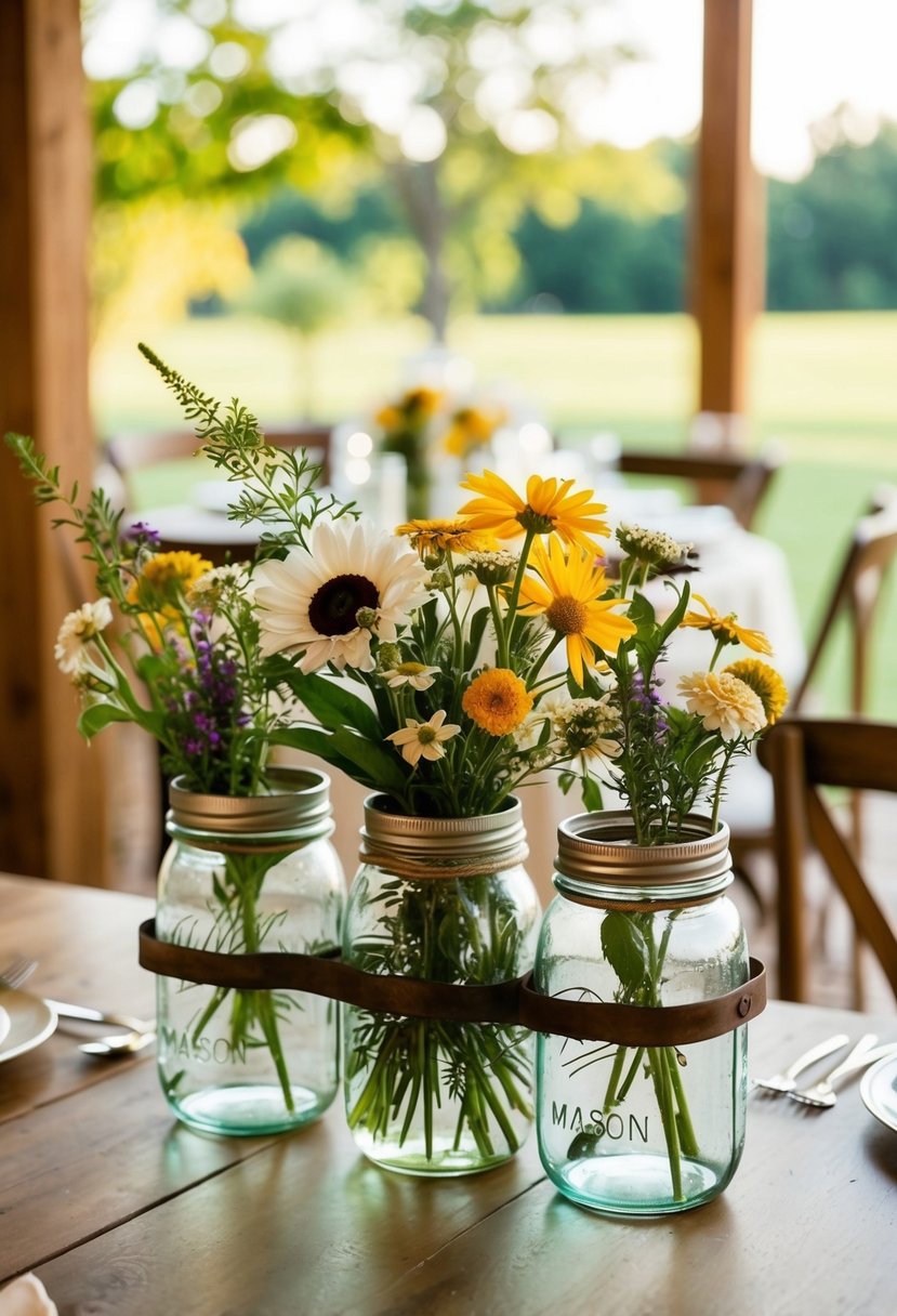 Mason jar centerpieces with wildflowers on a wooden table at a cozy home wedding