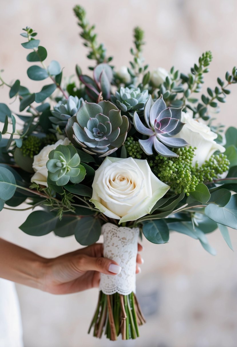 A custom sage wedding bouquet, with a mix of eucalyptus, succulents, and white roses, carefully arranged in a delicate lace-wrapped handle