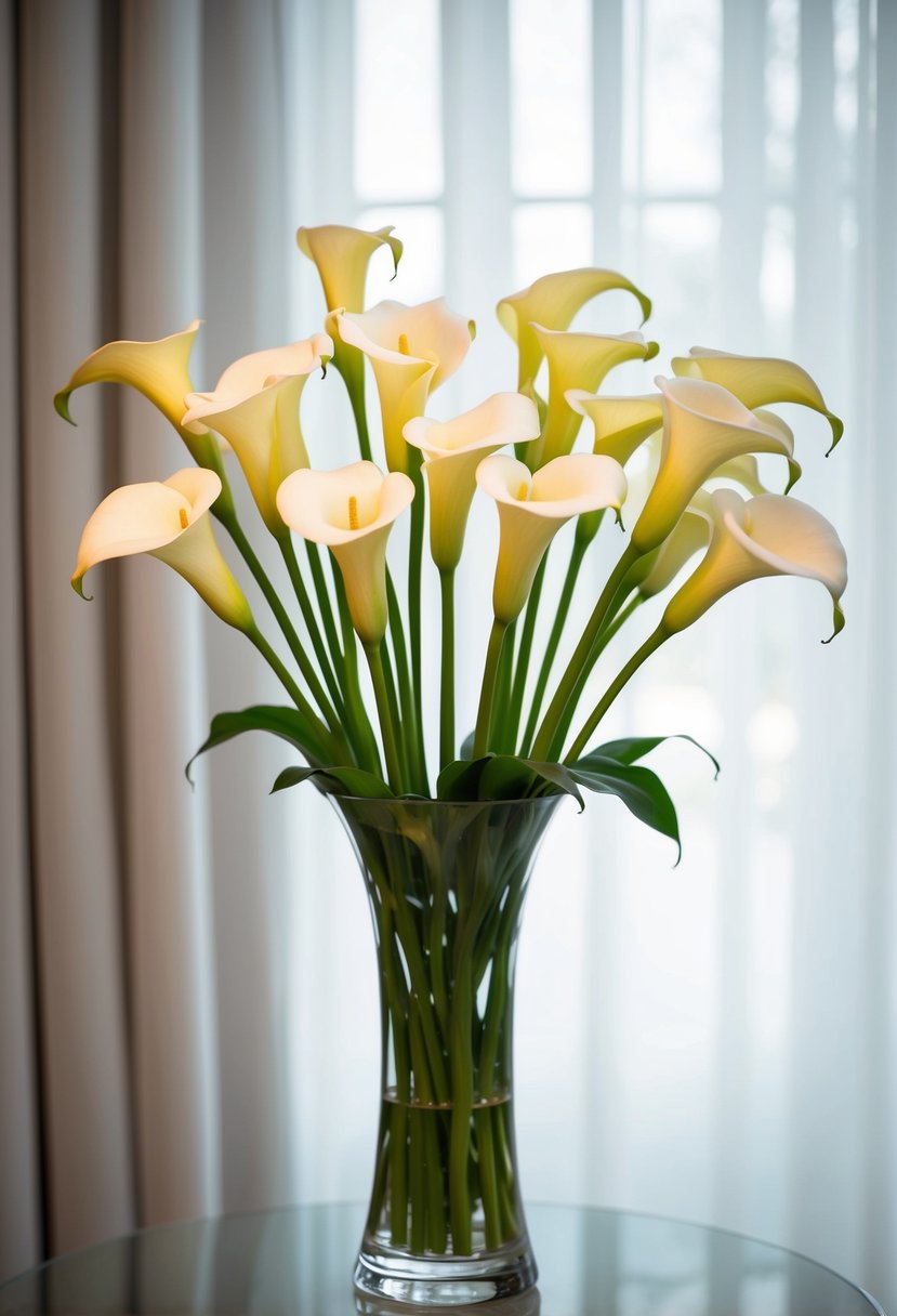 A bouquet of elegant calla lilies arranged in a tall, slender vase with soft, natural lighting