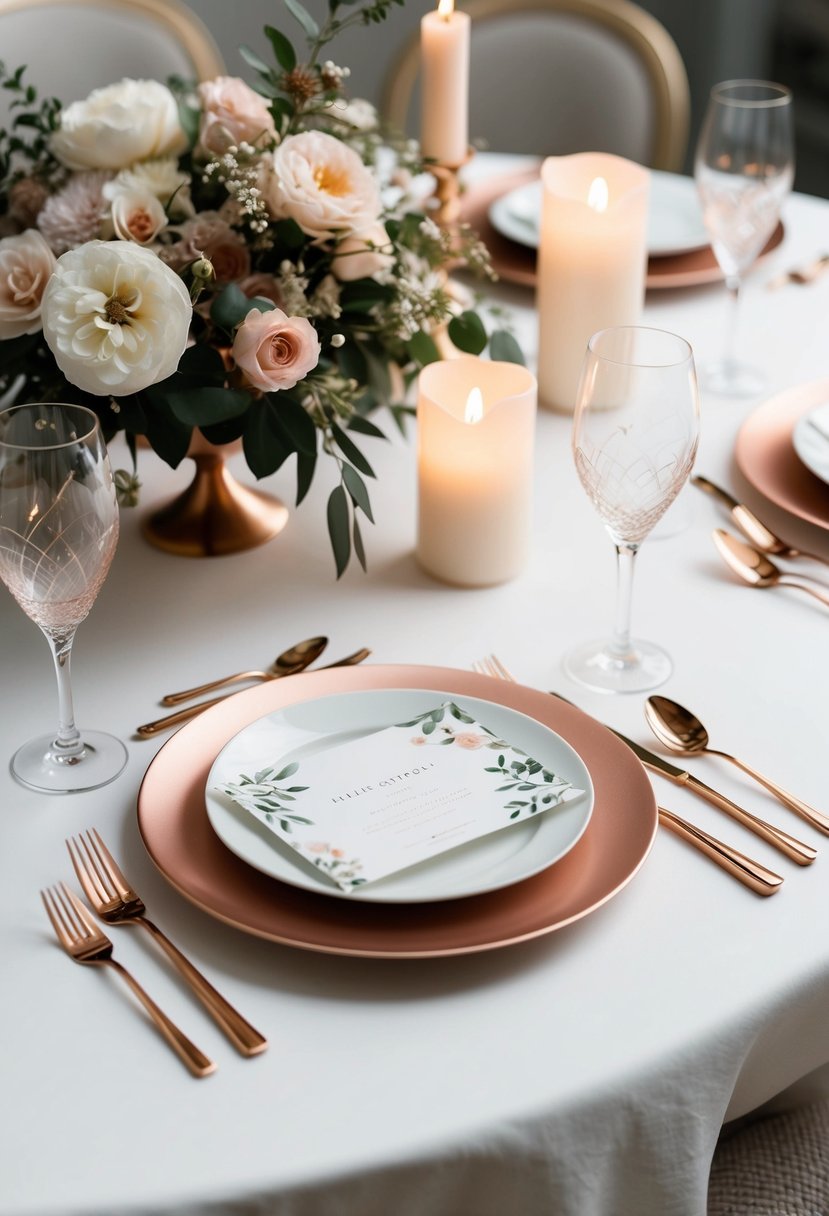 Rose gold cutlery arranged on a white table with elegant floral centerpieces and soft candlelight