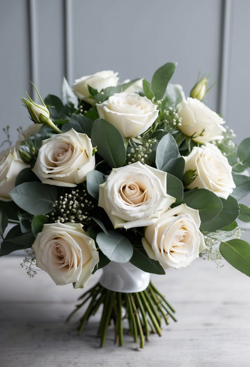 A bouquet of sage and ivory roses arranged in an elegant and sophisticated manner, with delicate greenery and a hint of baby's breath