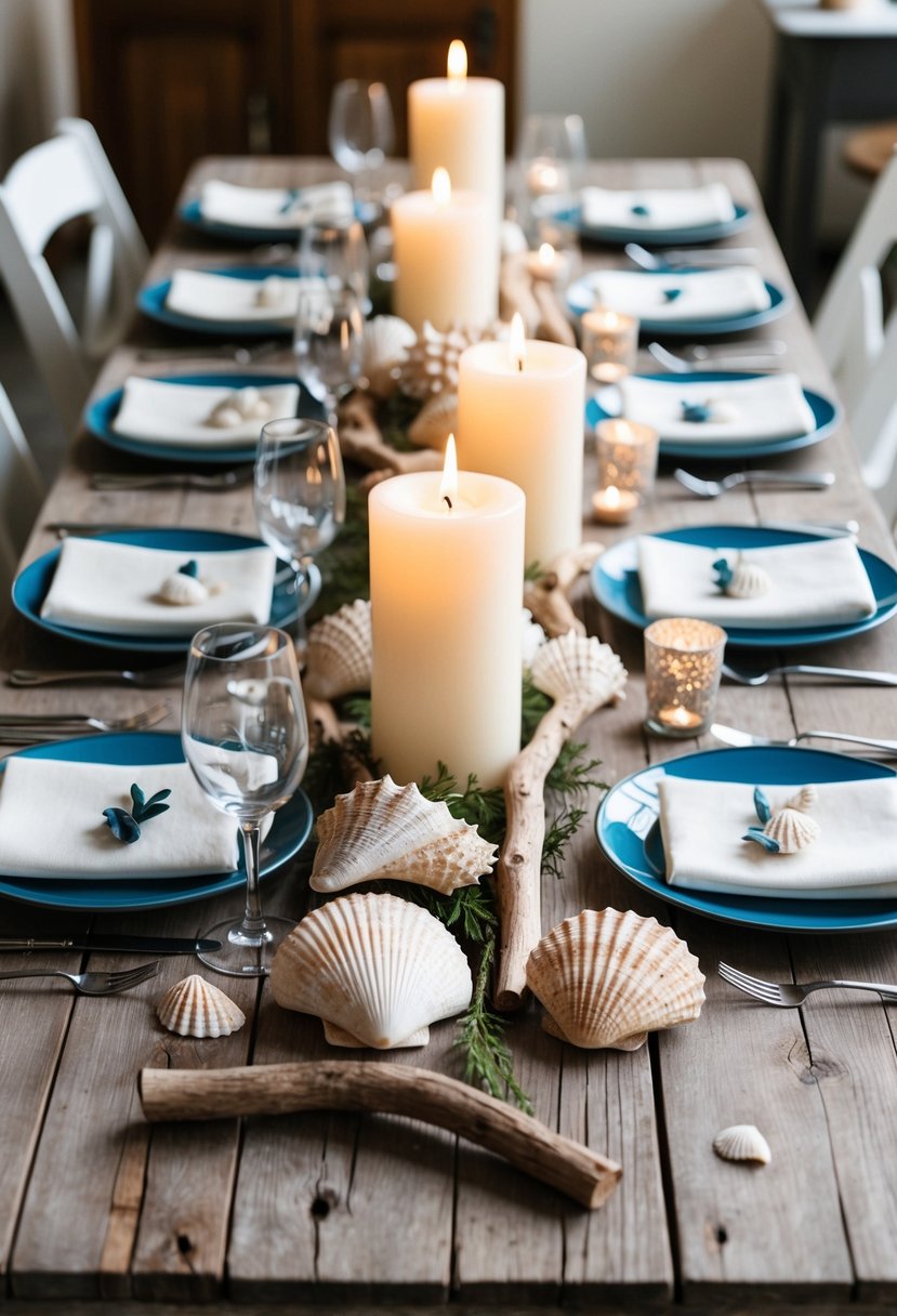 A coastal-themed table decor with seashells, driftwood, and candles arranged on a rustic wooden table for a home wedding