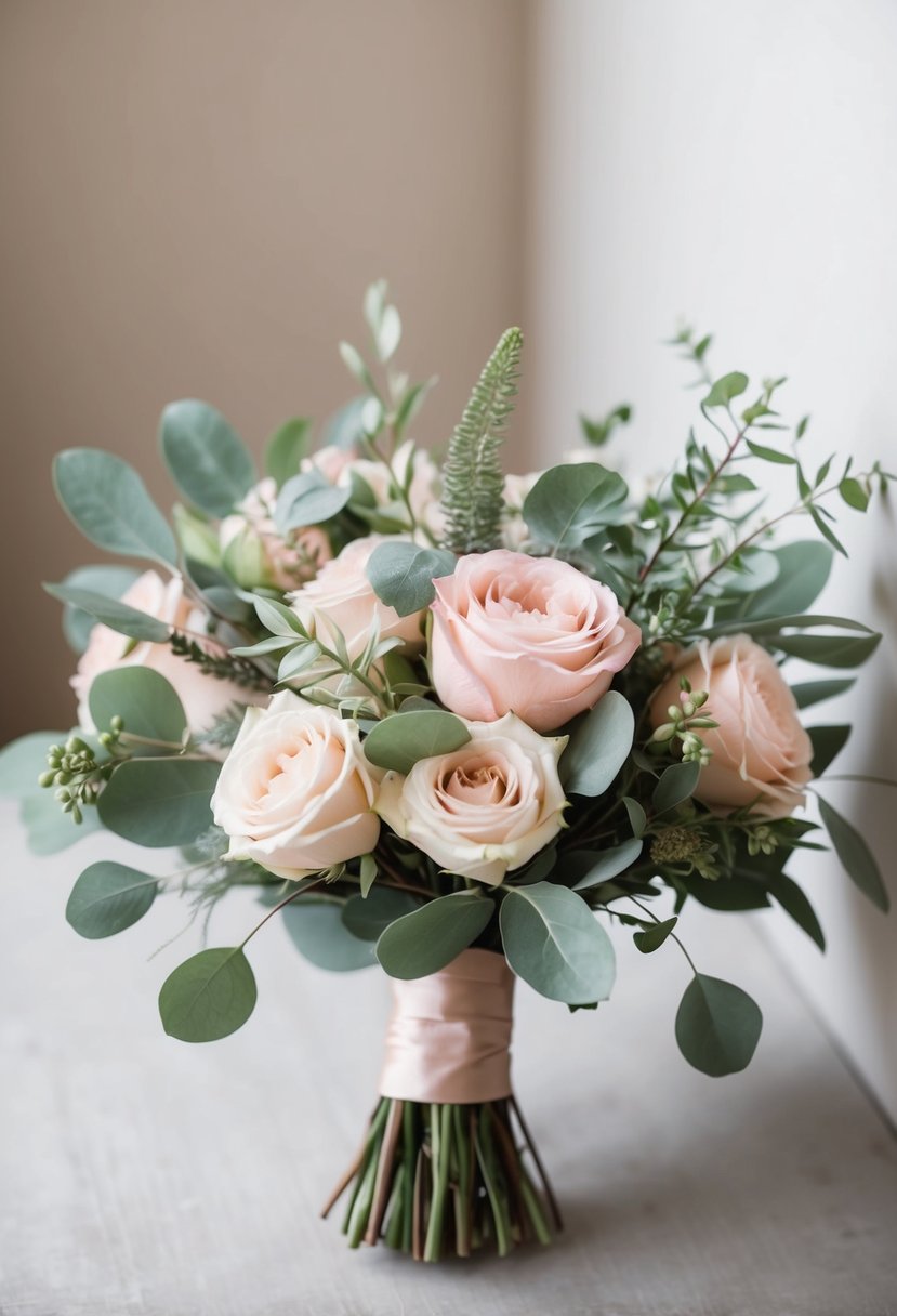 A delicate blush pink and sage green wedding bouquet, featuring soft roses, eucalyptus, and other foliage, arranged in a loose, natural style