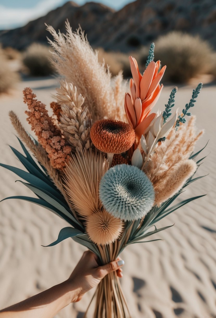 A bouquet of dried desert flowers in shades of sand, sage, and terracotta, accented with pops of vibrant coral and dusty blue