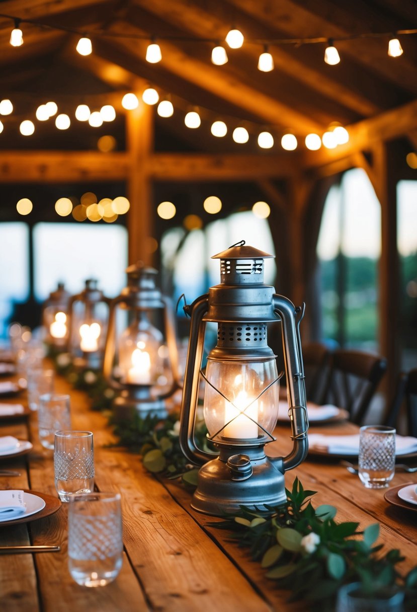 A rustic wooden table adorned with industrial metal lanterns, casting a warm glow at a home wedding celebration