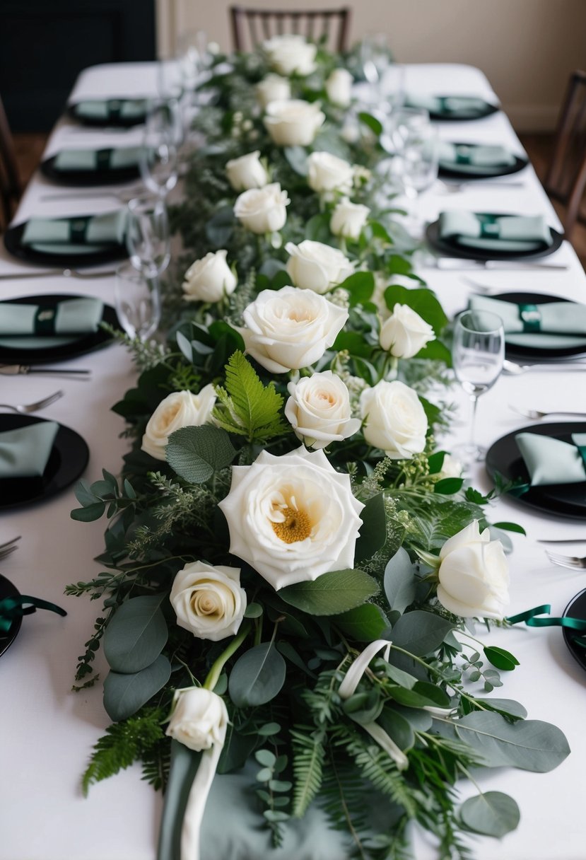 A table covered with assorted sage green foliage and white Escimo roses, with scattered floral tools and ribbons