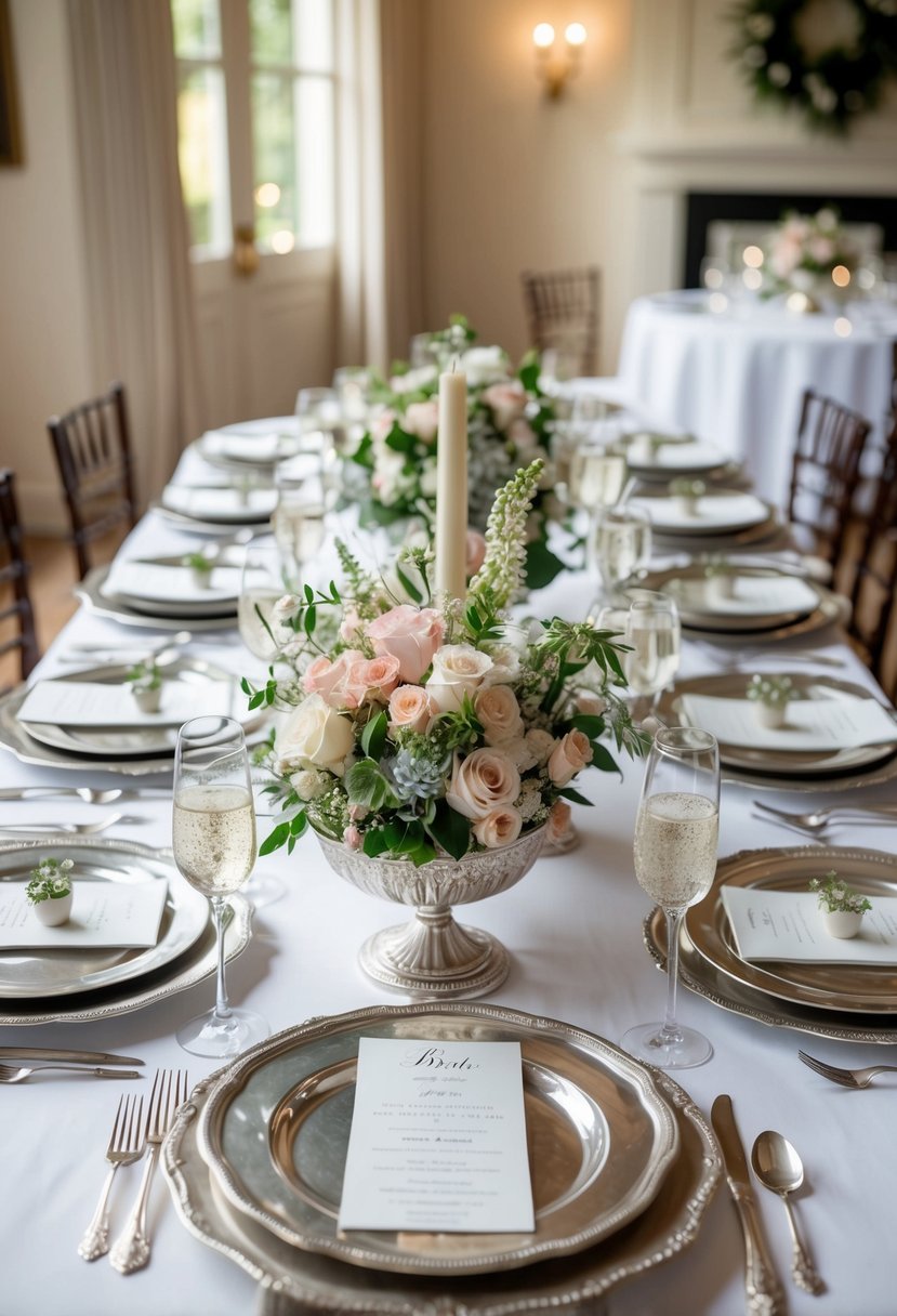 A table adorned with traditional silver platters, filled with delicate floral arrangements and elegant place settings for a home wedding celebration