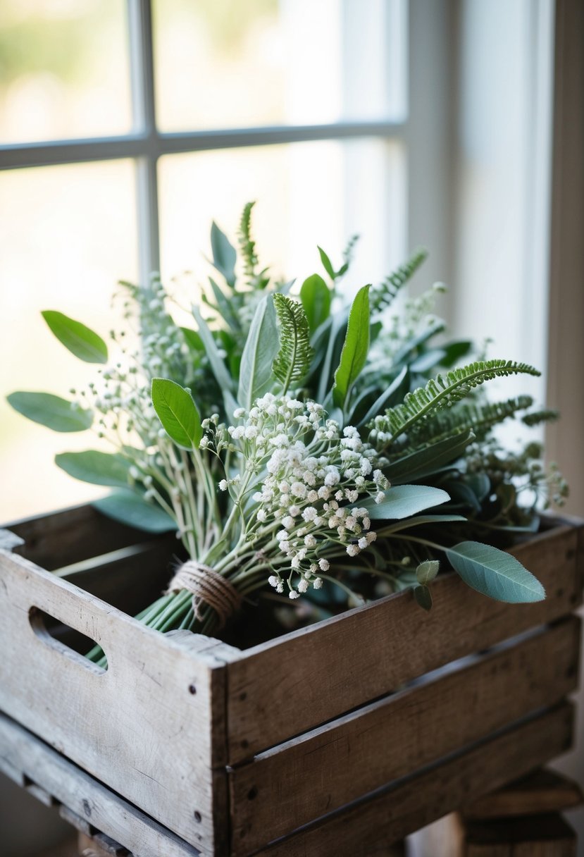 A rustic bouquet of sage and baby's breath, nestled in a weathered wooden crate, surrounded by soft, natural light filtering through a window