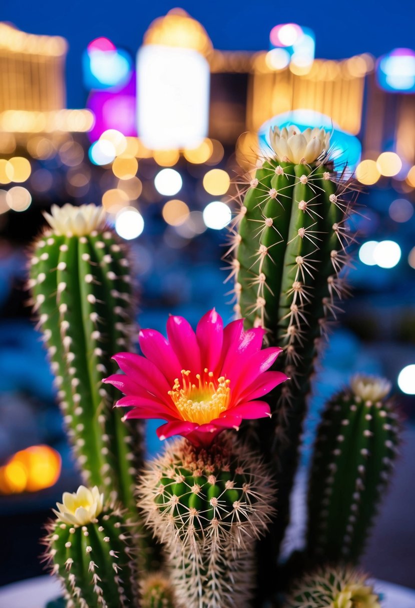 A vibrant cactus flower stands out in a desert-inspired wedding bouquet, with Las Vegas lights in the background