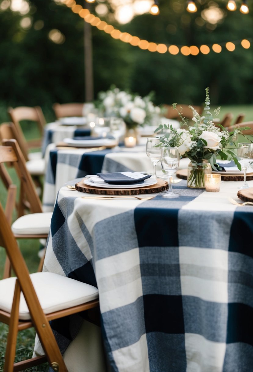 Farmhouse plaid tablecloths adorn rustic wedding tables