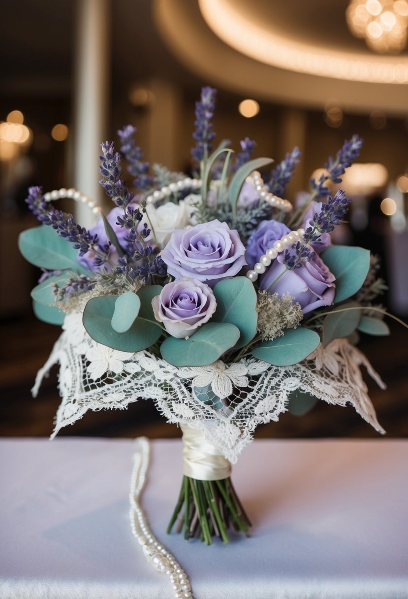 A vintage lavender-themed Vegas wedding bouquet with delicate lace, pearls, and sprigs of lavender, accented with dusty miller and eucalyptus