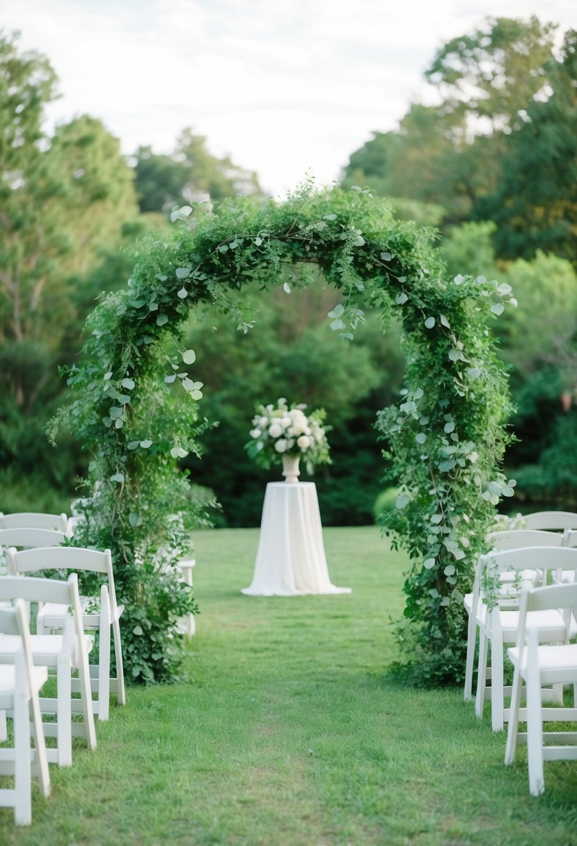 A sage green archway adorned with lush greenery, creating a serene backdrop for wedding bouquet ideas