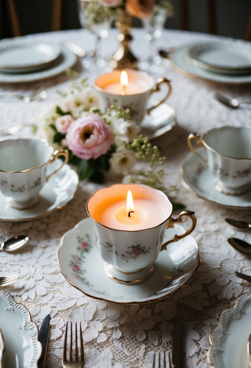 Vintage teacup candles arranged on a lace tablecloth, surrounded by delicate flowers and elegant dinnerware for a home wedding table decoration