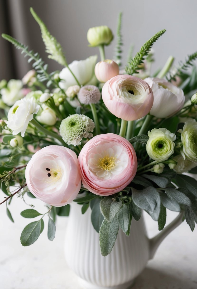 A lush bouquet of pastel Ranunculus and Lisianthus, accented with sage greenery, arranged in a white ceramic vase