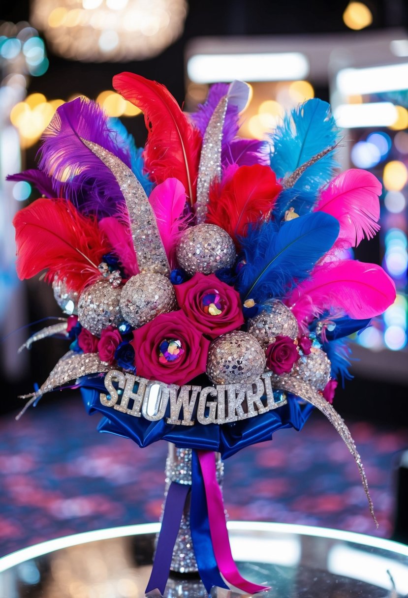 A vibrant Vegas showgirl bouquet with feathers, sequins, and glittering accents