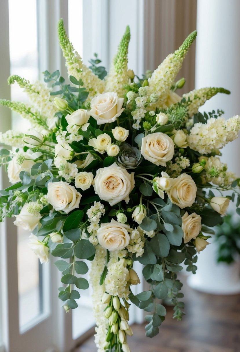 A lush bouquet of cream and sage flowers arranged in an elegant, cascading style