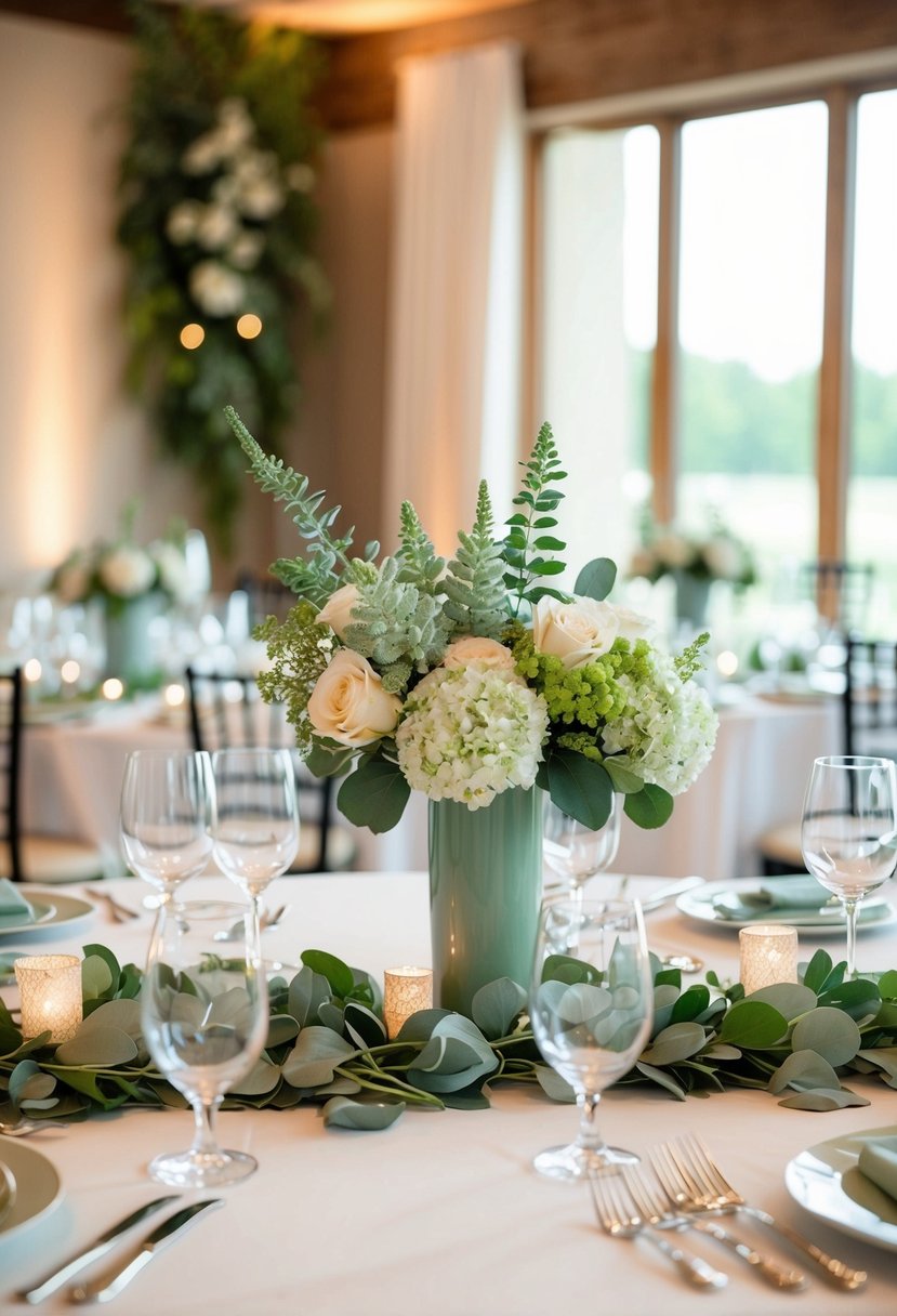 A table adorned with elegant wedding centerpieces featuring sage green accents, complemented by a delicate sage wedding bouquet