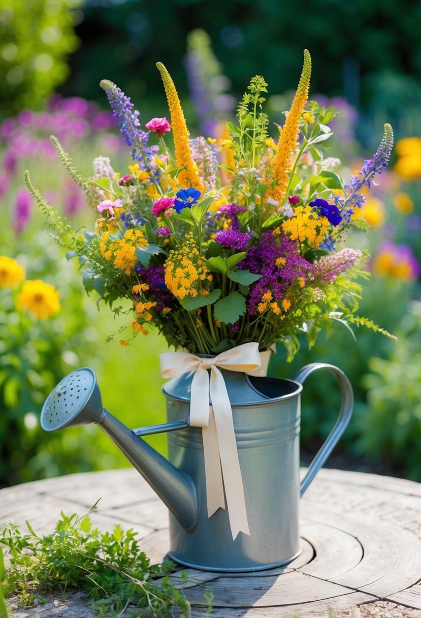 A colorful bouquet of wildflowers and greenery, tied with a ribbon, sits in a vintage watering can in a whimsical garden setting