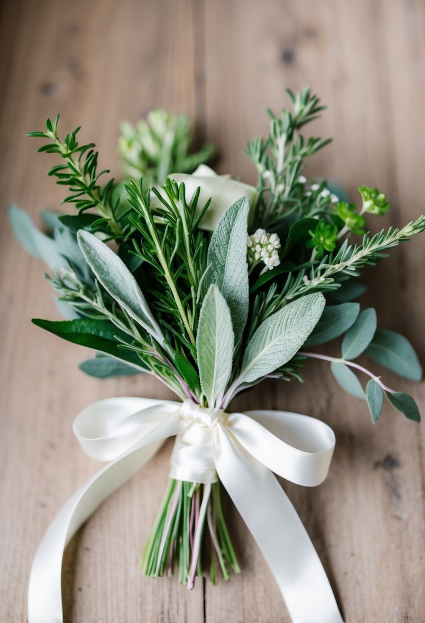 A delicate bridal posy featuring mixed herb sprigs, including sage, tied with a satin ribbon