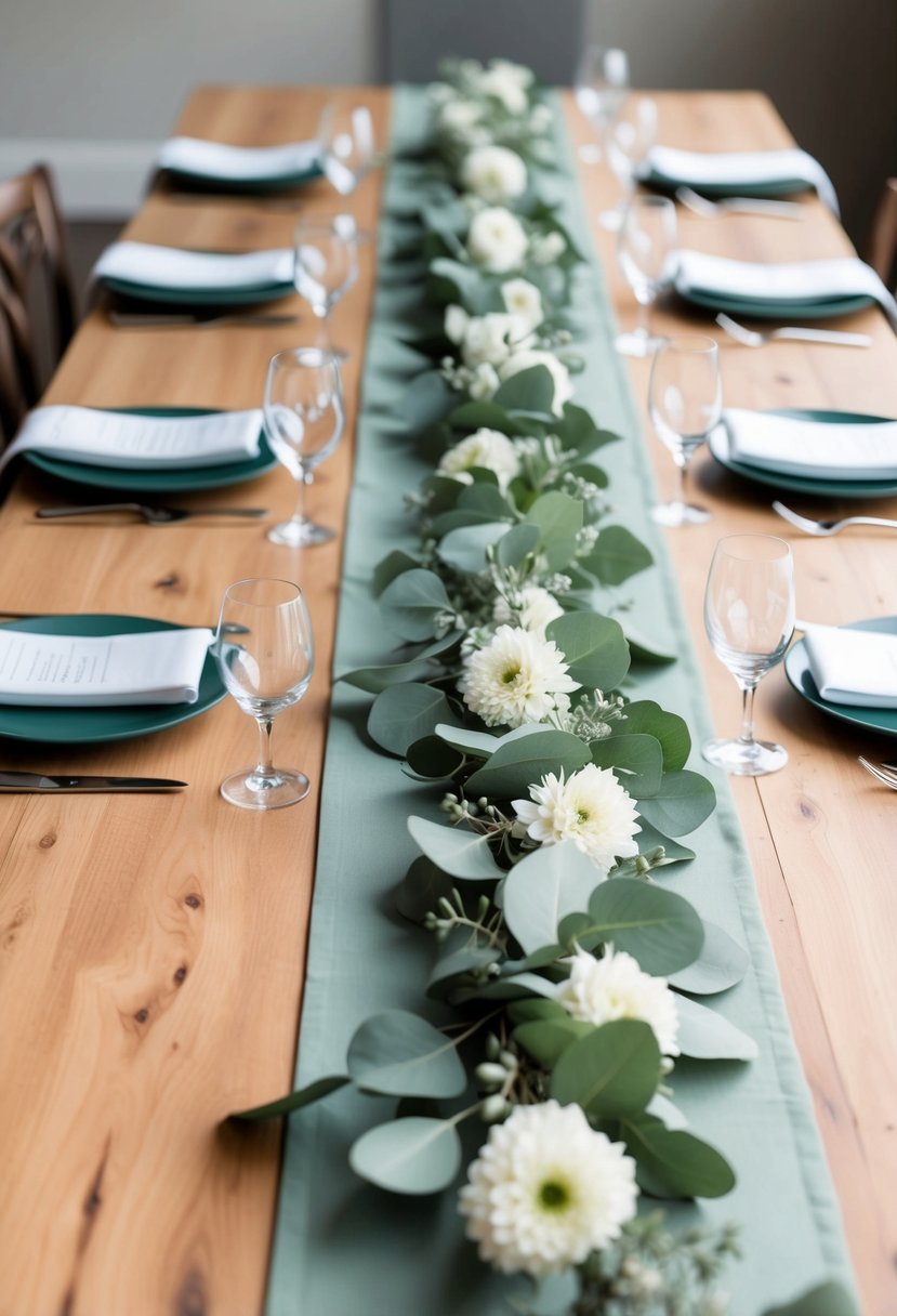 A sage green garland drapes across a wooden table, adorned with delicate white flowers and eucalyptus leaves, creating an elegant and natural wedding centerpiece