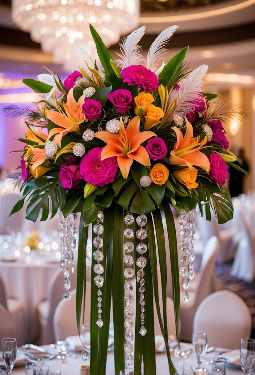 A vibrant bouquet of exotic flowers arranged in a cascading style, accented with sparkling crystals and feathers, capturing the essence of a luxurious Vegas wedding