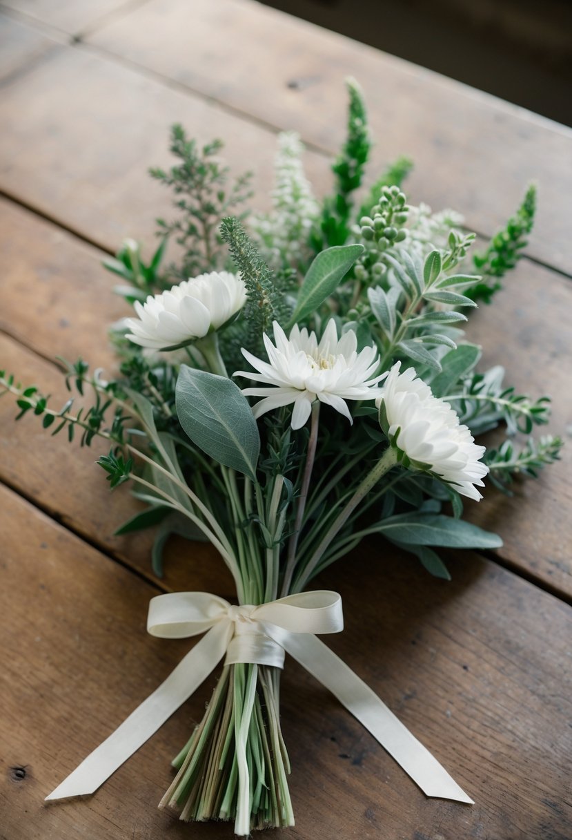 A delicate posy of Veronica and Statice sage, tied with ribbon, sits on a rustic wooden table