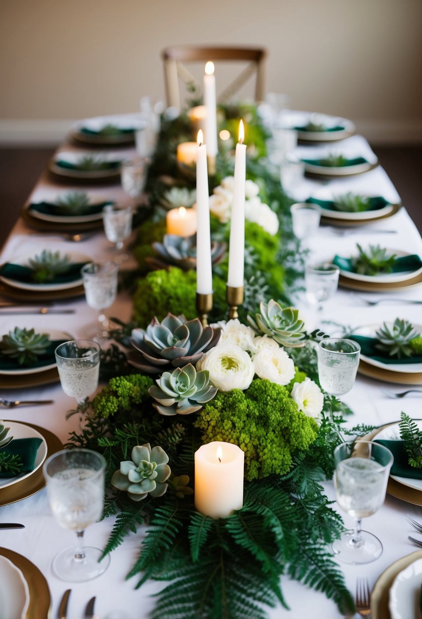 A table adorned with lush greenery, succulents, and ferns, accented with white blooms and candles, creating a natural and elegant wedding centerpiece