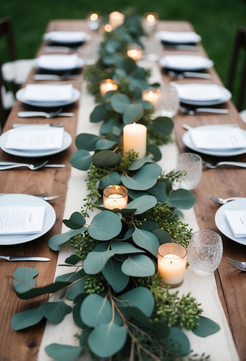 A eucalyptus garland drapes across a wooden wedding table, adorned with small candles nestled among the greenery