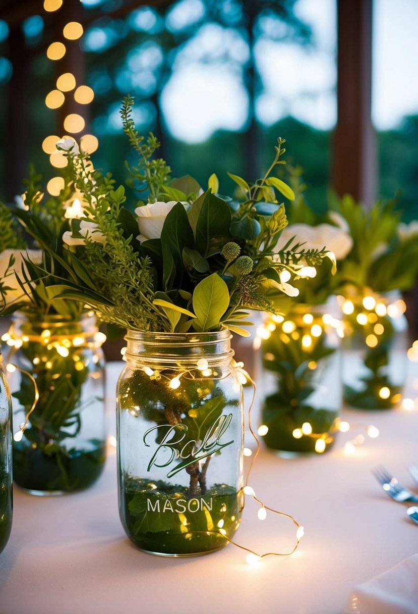 Mason jars filled with vibrant greenery and adorned with twinkling fairy lights, creating a charming and romantic wedding table decoration