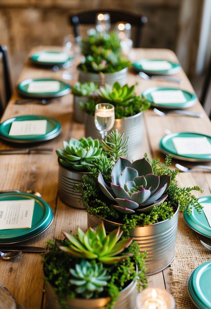 A rustic table adorned with vintage tins filled with vibrant succulents and greenery, creating a charming centerpiece for a wedding celebration