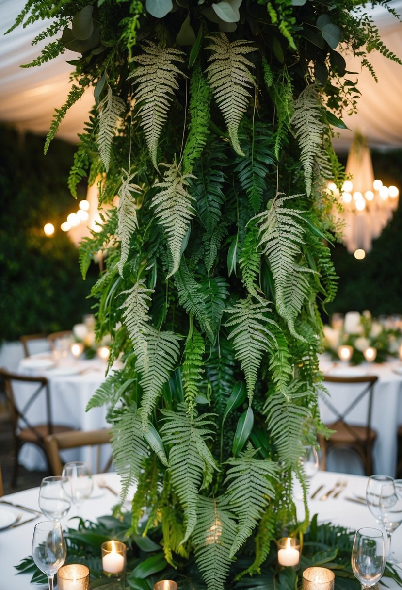 A lush chandelier of hanging ferns cascades over a wedding table, creating a natural and elegant centerpiece